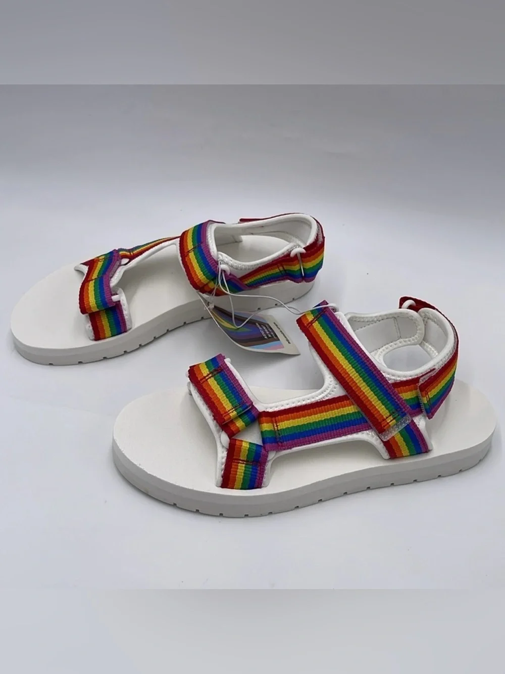 NWT Striped Rainbow Adjustable Strap White Sandals - Size W9/M7